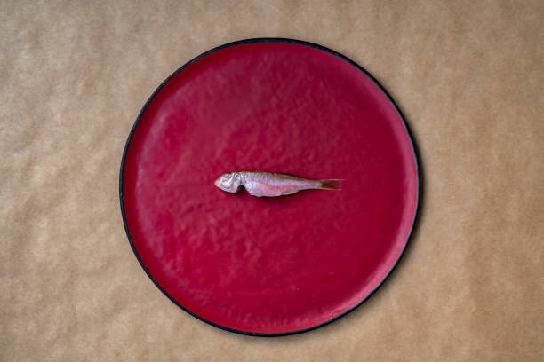 istock Red Mullet fish on yellow package paper. 1201021058