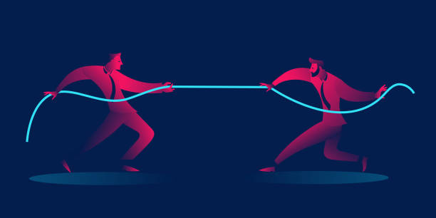 istock businessmen rope pulling. competition, conflict, battle, tug war, rivalry business concept in red and blue neon gradients 1201021067