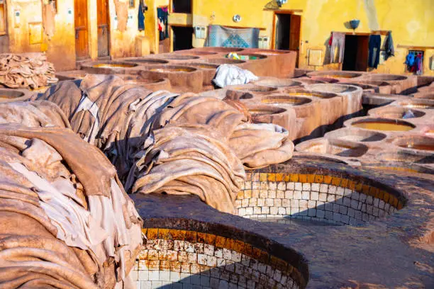 Photo of Leather dying in a traditional tannery in the city Fes, Morocco