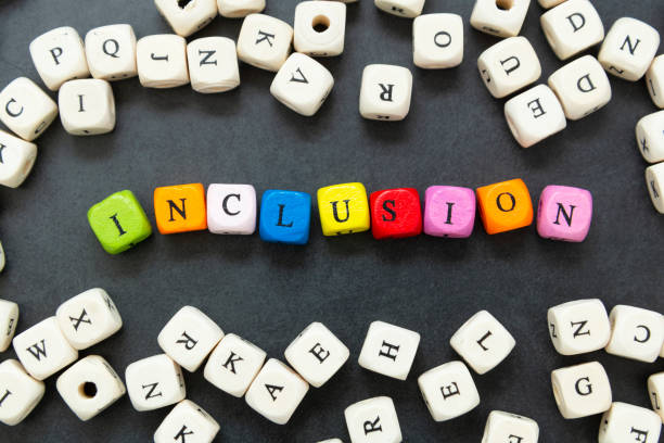 Inclusion text of multi colored cubes on dark background. Inclusive social concept. Inclusion text of multi colored cubes on dark background. Inclusive social concept. Lettering. help single word stock pictures, royalty-free photos & images