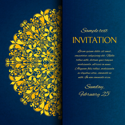 Ornamental blue with gold embroidery invitation card template vector illustration