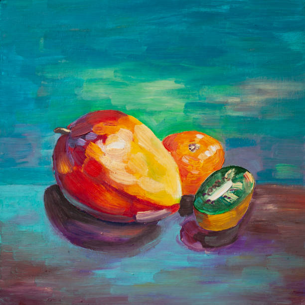 istock Hand drawn oil painting fresh tropical fruit. Mango, tangerine, kiwi. 1201024505