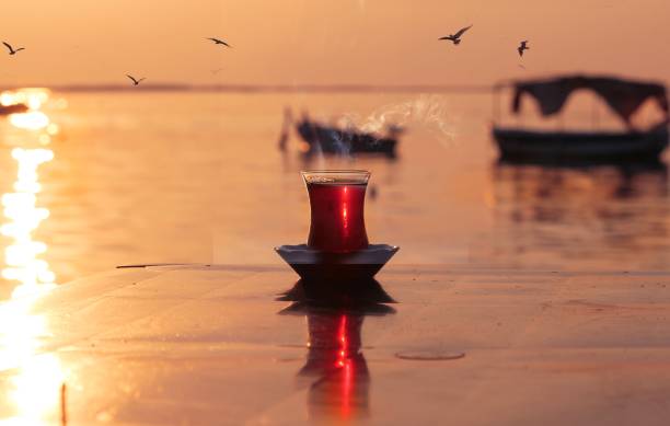 Turkish tea time with amazing sunset view from Izmir