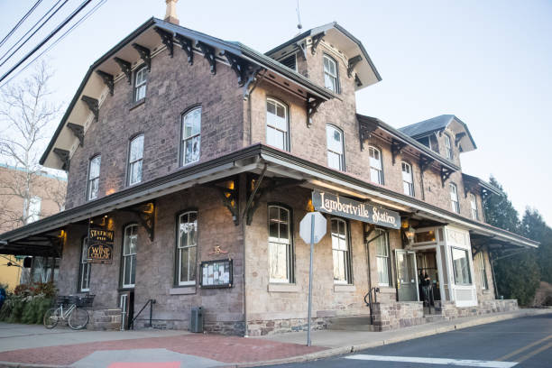 New Hope, Pennsylvania, January 12, 2020: Lambertville station in New Hope busy street. New Hope is a borough in Bucks County, Pennsylvania, United States.