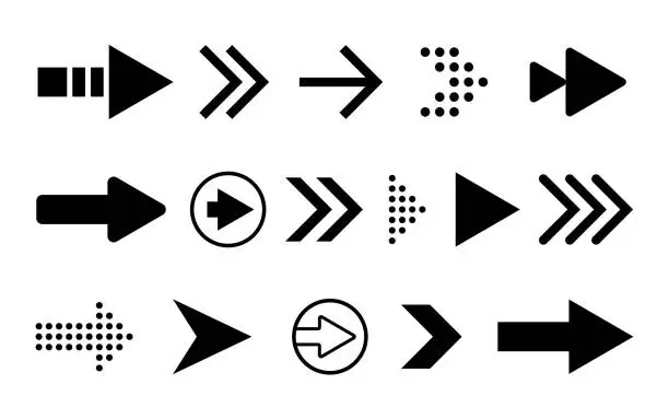 Vector illustration of Arrows set icons. Black arrow on white backdrop. Simple pointer right direction. Motion icon for app, website or presentation. Click next concept in flat design. Vector illustration