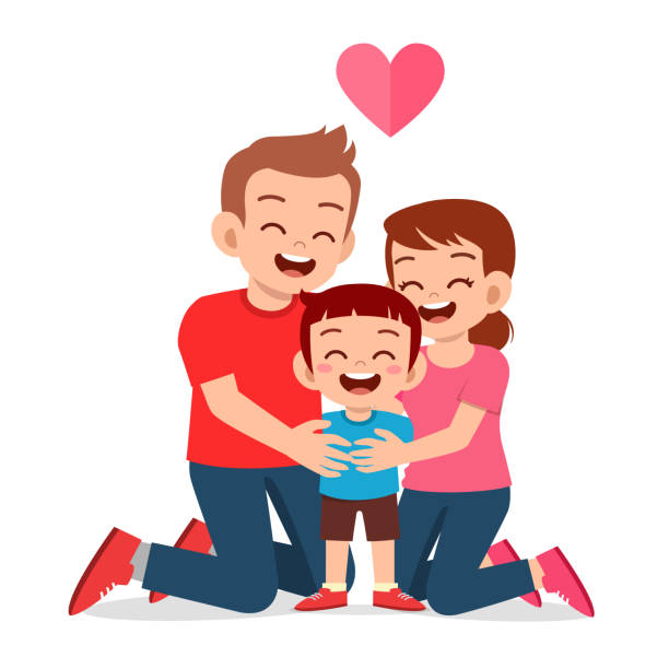 엄마와 아빠와 함께 행복한 귀여운 아이 소년 - men doodle vector parent stock illustrations