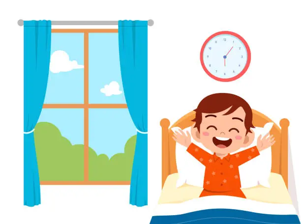 Vector illustration of happy cute little kid boy wake up in the morning