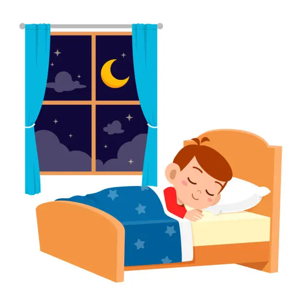 Vector illustration of happy cute little kid boy sleep in the night