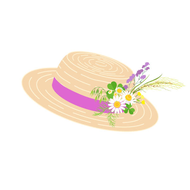 Straw Hat with Pink Ribbon and Wild Flowers Straw hat decorated pink ribbon and wildflowers isolated on white background. Simple headgear with chamomile and wild meadow plants vector flat illustration. val stock illustrations