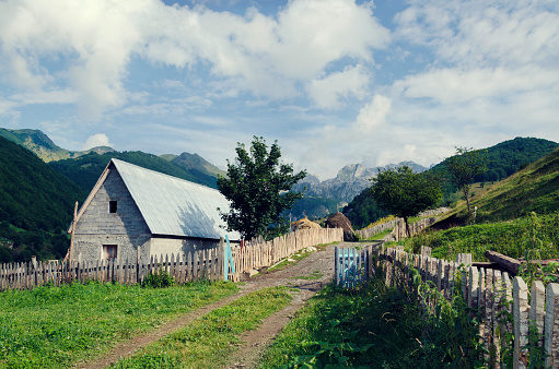 Albanian barn in mountain. Picturesque view. Selective focus
