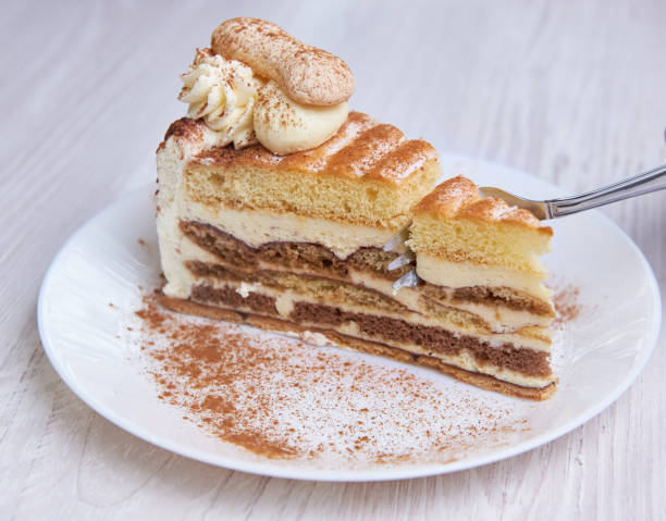 istock Tiramisu cake/ dessert with fork, cacao on a porcelain plate 1201031045