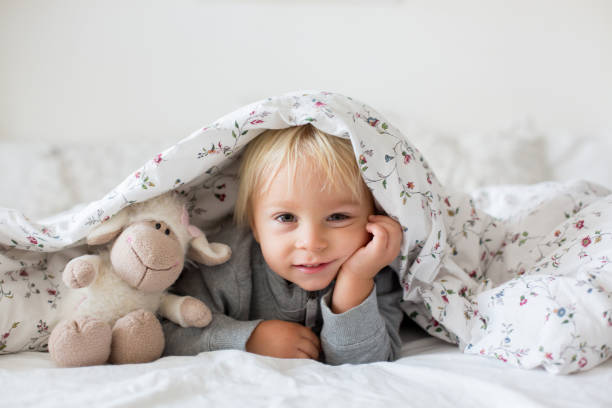 Little toddle boy, playing with teddy toy, hiding under the cover in bed Little toddle boy, playing with teddy toy, hiding under the cover in bed, sunny bedroom little boys blue eyes blond hair one person stock pictures, royalty-free photos & images