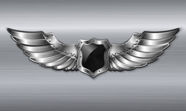 ilustrações, clipart, desenhos animados e ícones de escudo alado metal - wing insignia metal silver