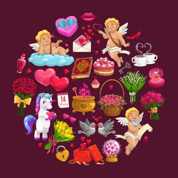 Vector illustration of Valentines Day circle with hearts and Cupids