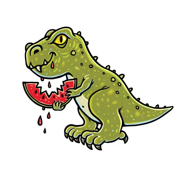 Vector illustration of Dinosaur eating watermelon funny character.