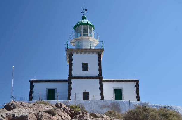 istock Akrotiri Lighthouse on Santorini Greece, sunny day, blue sky 1201034953
