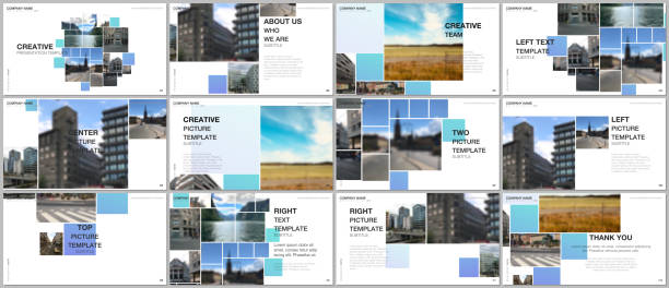 Presentation design vector template, multipurpose template for presentation slide, flyer, brochure cover design, infographic. Geometric blue color abstract background with photo, consisting of squares Presentation design vector template, multipurpose template for presentation slide, flyer, brochure cover design, infographic. Geometric blue color abstract background with photo, consisting of squares. modern magazine layout stock illustrations