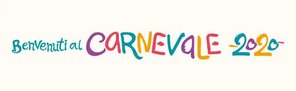 Vector illustration of Benvenuti al Carnevale. 2020. Bright letters vector horizontal logo in Italian language translates as Welcome to carnival.
