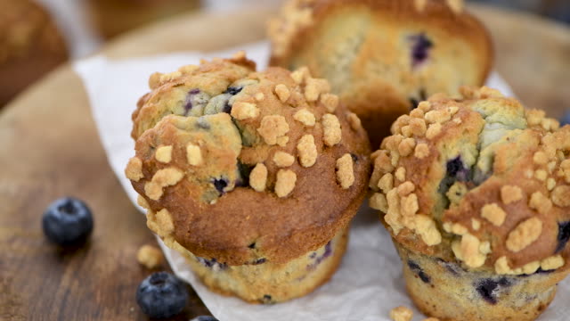 Fresh made Blueberry Muffins on a rotating plate (seamless loopable)