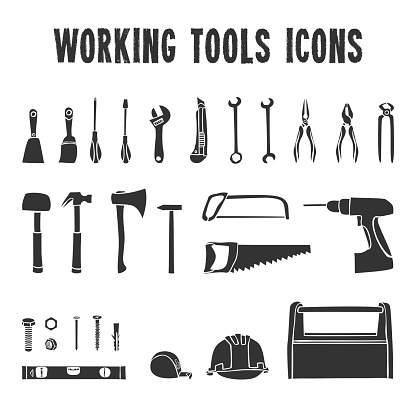 A collection of decorative construction or carpenter tool black  icons set isolated vector illustration