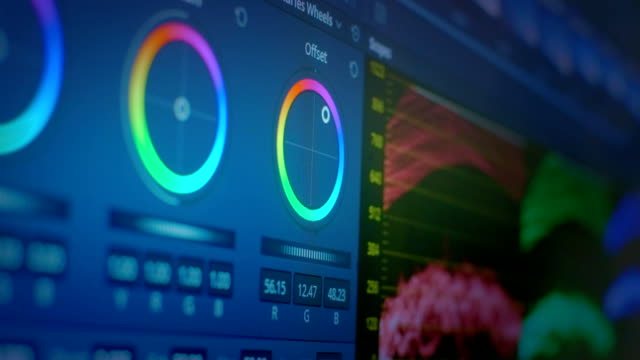 The software interface for color grading video in film and television. Professional post production for photos and videos. Image color correction.