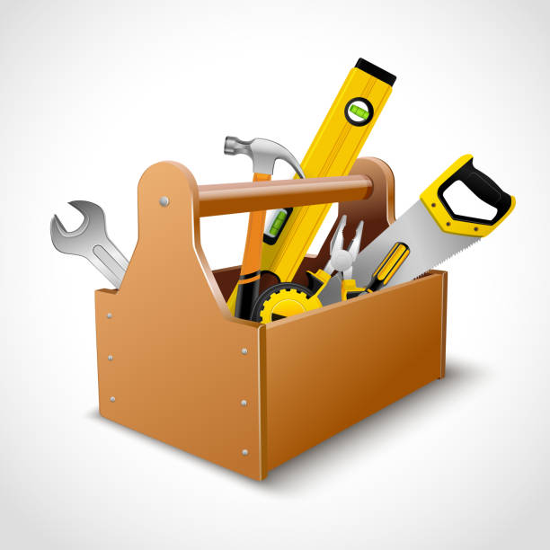 writing toolkit clipart toolbox Decorative realistic wooden toolbox concept emblem poster with saw hammer spanner and level vector illustration toolbox stock illustrations