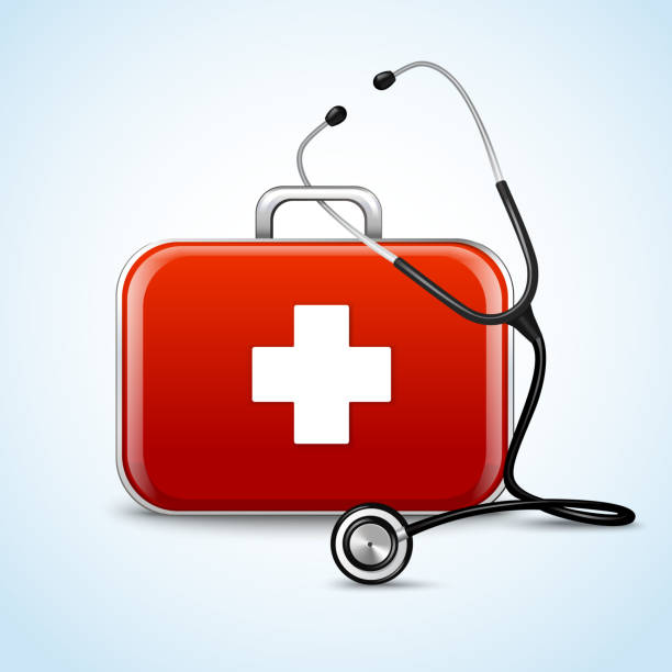 healthcare concept First aid healthcare concept with medical box and stethoscope vector illustration priority baggage tag stock illustrations