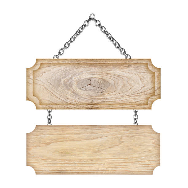 istock Wooden sign hanging on a chain isolated on white 1201048911