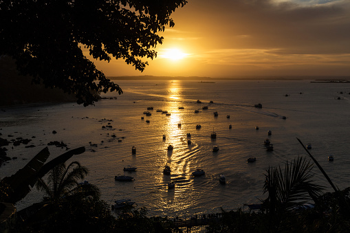 View of wonderful sunset in Morro de Sao Paulo, Bahia, Brazil. Hill.