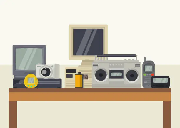 Vector illustration of Vintage retro audio video electronic devices gadgets vector illu