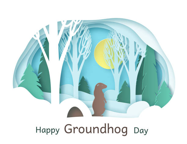 Happy Groundhog Day. February 2. Vector illustration. Paper cut design for printing greeting cards, banners, posters. Groundhog in the forest, climbed out of the hole. Happy Groundhog Day. February 2. Vector. Paper cut design for printing greeting cards, banners, posters. Groundhog in the forest, climbed out of the hole. groundhog day stock illustrations
