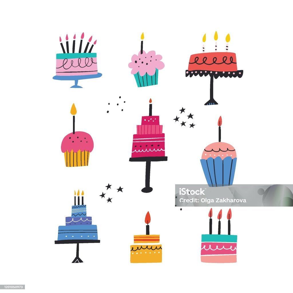 День рождения запеченные торты плоский вектор иллюстрации набор - Векторная графика Торт роялти-фри