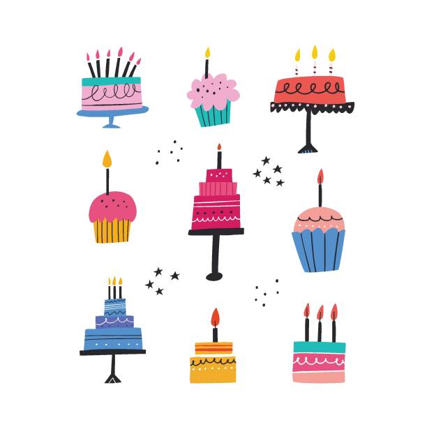 Birthday baked cakes flat vector illustrations set Birthday baked cakes flat vector illustrations set. Festive pastry with burning candles hand drawn pack. Anniversary cream desserts design elements. Muffins and tarts bundle on white background cake stock illustrations
