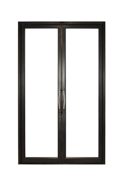 istock Real modern black store front double glass door window frame isolated on white background 1201053530