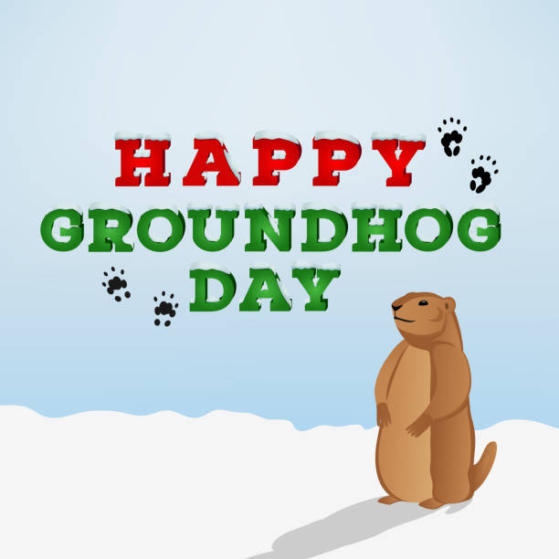 istock Happy groundhog day inscription on blue background. Groundhog cartoon character looking at his shadow 1201054511