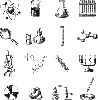 Scientific chemistry laboratory equipment of retort glass holder dna symbols doodle sketch icons set isolated vector illustration