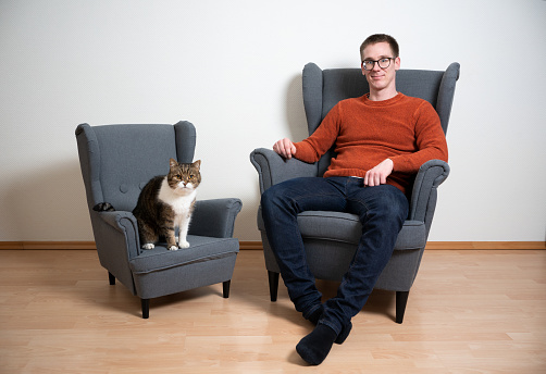 portrait of happy pet owner and tabby british shorthair cat sitting on armchairs side by side looking at camera