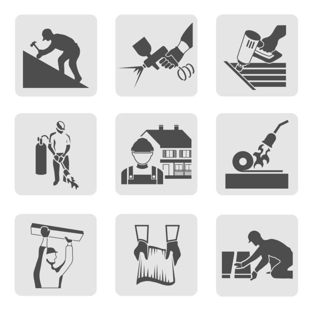 ilustraciones, imágenes clip art, dibujos animados e iconos de stock de icono del techador - men on roof