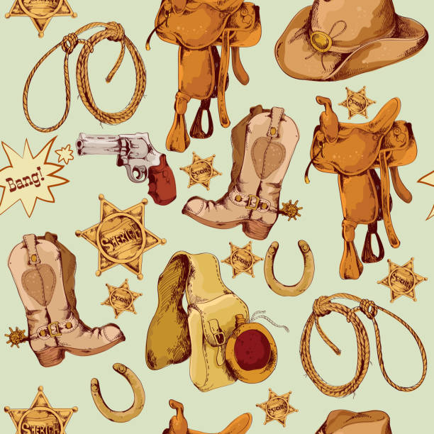 ilustraciones, imágenes clip art, dibujos animados e iconos de stock de patrón salvaje oeste sin costuras - horseshoe backgrounds seamless vector