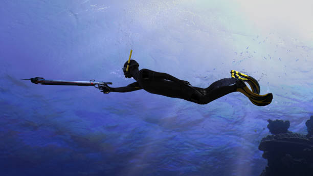 istock Diver pointing his speargun to the target fish under deep sea 3d rendering 1201059478
