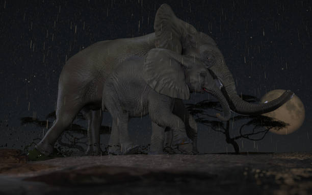 istock Mother elephant and baby calf having a walk at night under rain 3d rendering 1201059535