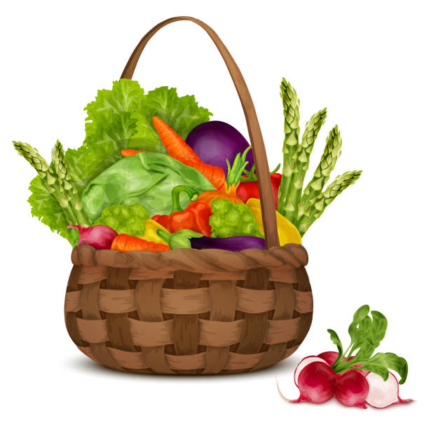 ilustrações de stock, clip art, desenhos animados e ícones de vegetables in basket - cauliflower white backgrounds isolated