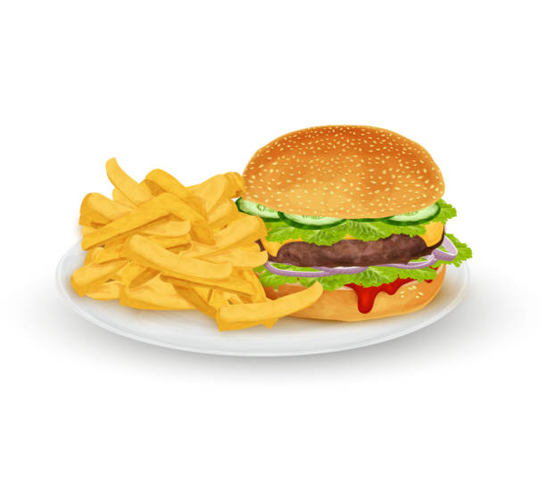 hamburger on plate Hamburger sandwich with French fries on plate fast food isolated on white background vector illustration meat clipart stock illustrations