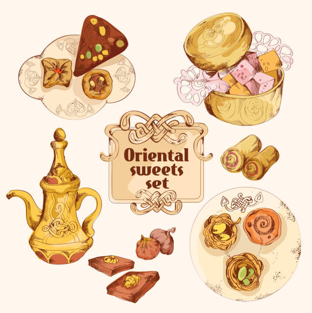 oriental sweets colored set Oriental arabian turkish pastry colored sweet dessert sketch set isolated vector illustration. baklava stock illustrations