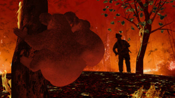 istock Fireman is running towards to koalas between flames in australian fires 3d rendering 1201060559