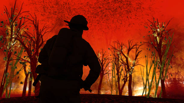 istock Fireman is abut to fight with flames in forest in Australia ready for action 3d rendering 1201060582