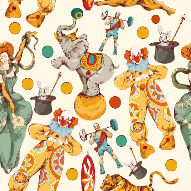 circus colored seamless pattern Decorative vintage circus with clown magical wand trick seamless wrap paper pattern color doodle sketch vector illustration sketches of elephants background stock illustrations