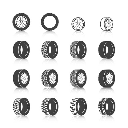 Auto service shop wheels disks and tires construction check montage replacement black  icons set isolated vector illustration
