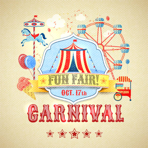 ilustraciones, imágenes clip art, dibujos animados e iconos de stock de cartel de carnaval vintage - ferris wheel carnival amusement park wheel