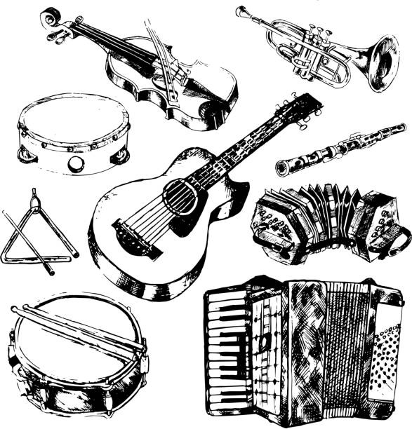 musical instrument sketch icon Classic musical orchestral instruments hand drawn icons set of guitar violin trumpet flute sketch vector isolated illustration guitar drawings stock illustrations